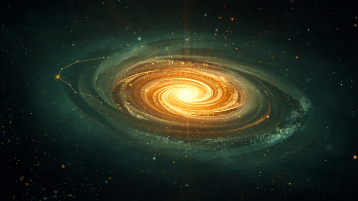 Engelszahl 1303: goldene Spiralgalaxie im tiefen Teal-Sternenhimmel