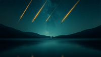 Vier goldene Sternschnuppen über einem dunklen Bergsee bei Nacht – Symbolbild für die Engelszahl 7777