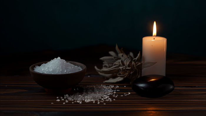 Schale mit grobem Meersalz, getrocknetem Salbei, brennender Kerze und schwarzem Obsidian auf dunklem Holz – spirituelle Salz-Reinigung