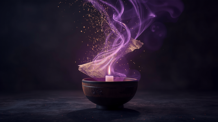 Alte Schriftrolle löst sich in violettes und goldenes Licht auf – Befreiungsritual: Karma und Seelenverträge auflösen