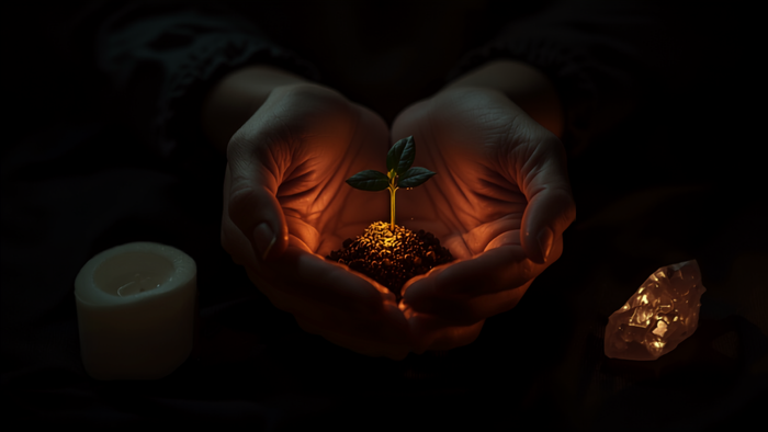 Hände halten leuchtenden Keimling mit Rosenquarz und weißer Kerze – sanftes Kinderwunsch-Ritual für Fruchtbarkeit
