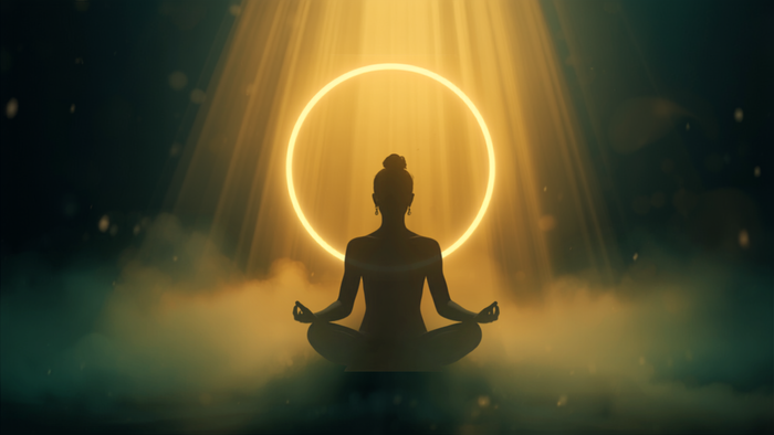 Meditierende Silhouette vor goldenem Lichtkreis mit schützenden Lichtstrahlen – Symbol für Schutz und spirituelles Erwachen der Spiegelstunde 11:44
