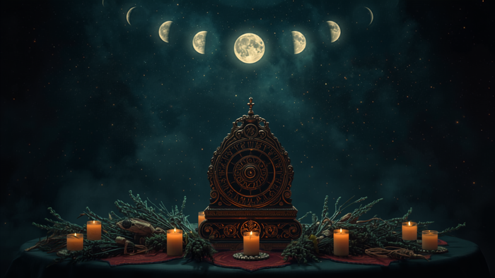 Mondphasen über Altar mit astronomischer Uhr und Planetensymbolen – die beste Zeit für Magie-Rituale