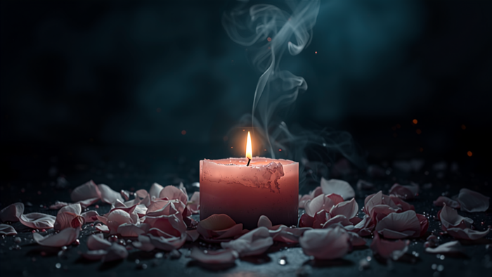 Rosa Kerze mit Rosenquarz-Herz und Rosenblättern auf dunklem Altar – heilsames Wiederannäherungs-Ritual
