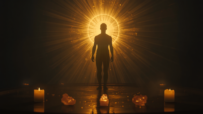 Silhouette mit goldener Aura vor Spiegel, Kerzen und Rosenquarz – Ritual für Selbstvertrauen und Ausstrahlung