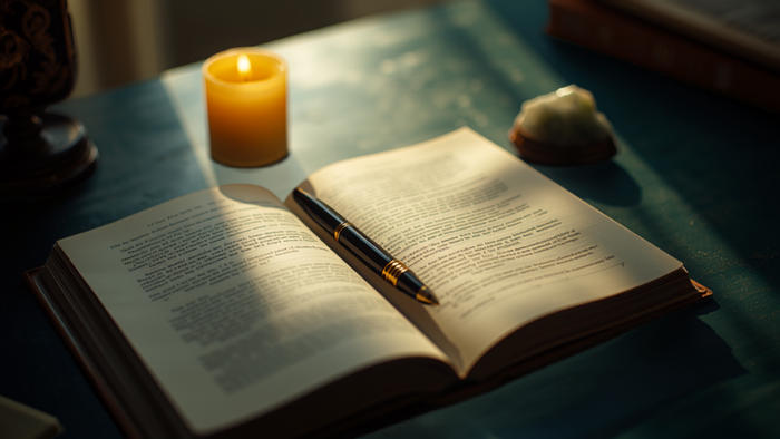 Schreibtisch mit gelber Kerze, Fluorit und Büchern im klaren Morgenlicht – Ritual für Prüfungserfolg und Klarheit