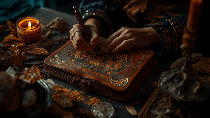 Kunstvolles Grimoire mit Goldtinte auf kerzenbeleuchtetem Altar – persönliches Magie-Ritual nach Maß