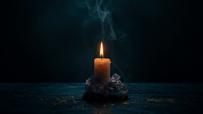 Kerzenflamme und Amethyst-Kristalle auf dunklem Altar – Trennungsritual zum Loslassen verflossener Liebe