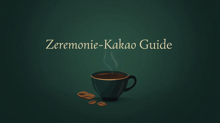 Zeremonie-Kakao Guide – Titelbild mit dampfender Kakao-Tasse in dunklem Grün