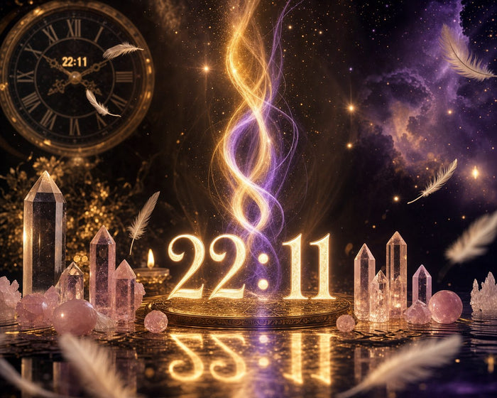 22:11 Bedeutung Zwillingsflamme: Leuchtende Zahlen 22:11 mit goldener und violetter Zwillingsflamme, Kristallen und Engelfedern im Kosmos