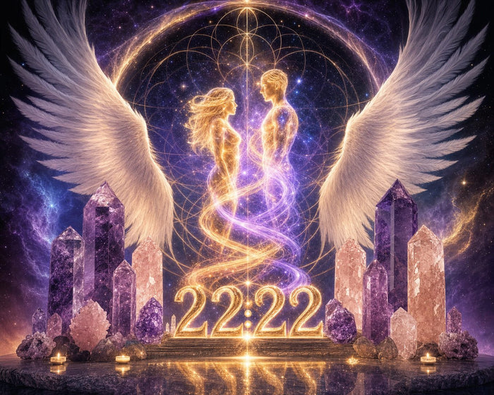 22:22 Zwillingsflamme spirituelle Reise: Zwei leuchtende Seelen vor goldenen 22:22 Zahlen, Engelflügeln, Amethyst- und Rosenquarz-Kristallen im kosmischen Sternenhimmel