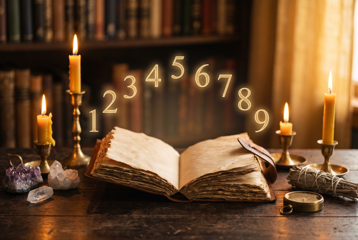 Seelenzahl berechnen – Antikes Numerologie-Buch mit leuchtenden Zahlen, Kristallen und Kerzen auf einem Holztisch