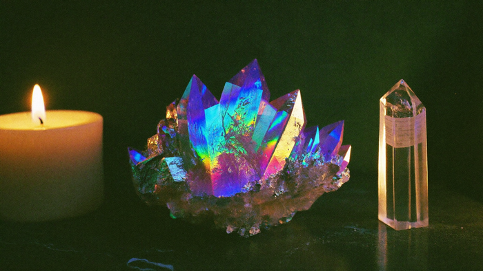 Titan-Aura-Quarz-Stufe mit metallisch schillernder Regenbogenoberfläche in Blau, Violett und Gold neben einer klaren Bergkristallspitze im Kerzenlicht