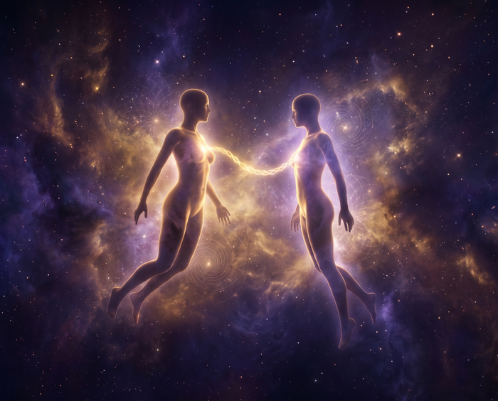 Twinflame Bedeutung – Zwei Seelen verbunden durch goldene Energie im kosmischen Raum, spirituelle Zwillingsflammen-Verbindung