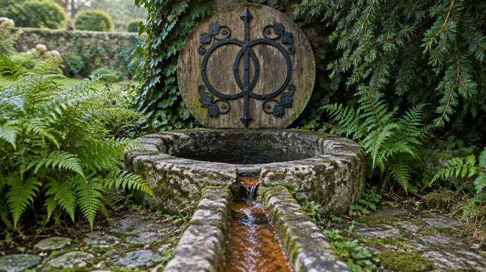 Steinbrunnen mit Eichendeckel und schmiedeeiserner Vesica Piscis, davor eine vom Eisen rostrot gefärbte Wasserrinne