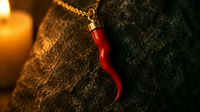 Cornicello: rotes gedrehtes italienisches Glückshorn mit goldener Kappe an einer Kette auf dunklem Stein