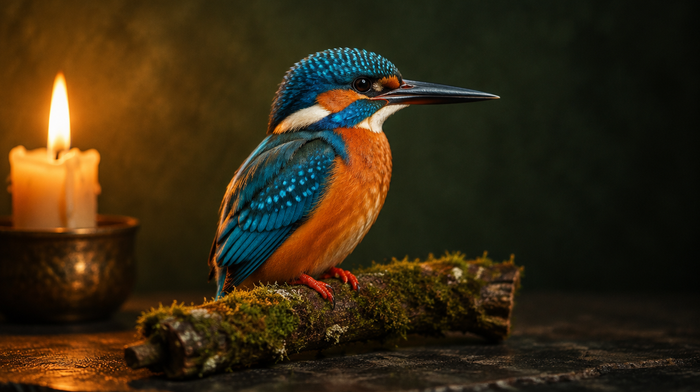 Eisvogel mit türkisblauem Rücken und rostrotem Bauch sitzt auf einem moosigen Ast auf dunklem Stein im Kerzenlicht
