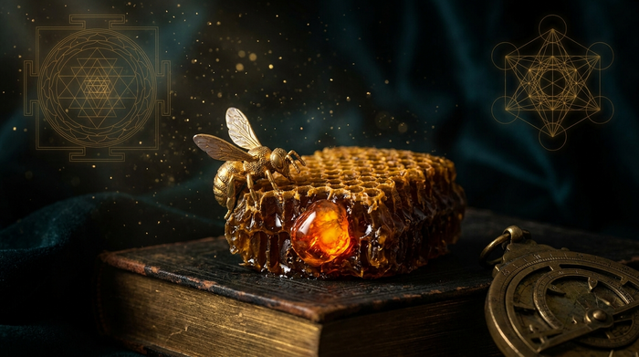 Goldene Biene auf Honigwabe mit glühendem Bernstein und Sakralgeometrie – spirituelle Bedeutung des Bienenstichs