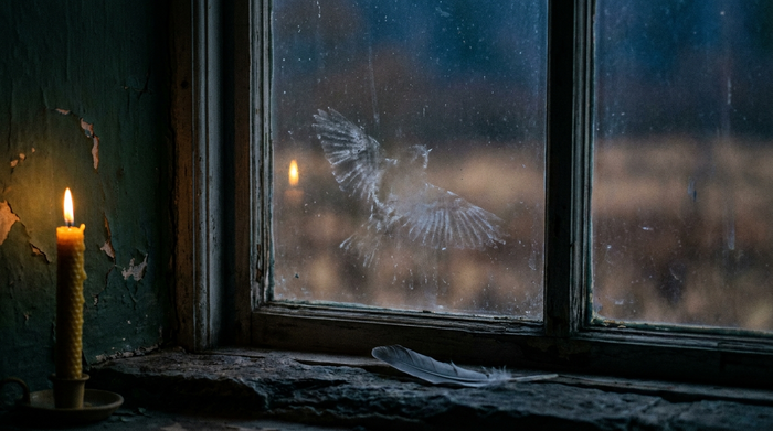 Alte Fensterscheibe in der Dämmerung mit dem staubigen Abdruck ausgebreiteter Vogelflügel, eine graue Feder auf der Steinbank, links eine brennende Bienenwachskerze vor dunkelgrüner Wand