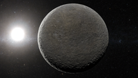 Illustration: der graue, dicht verkraterte Planet Merkur vor schwarzem Sternenhimmel, hart beleuchtet von der nahen Sonne