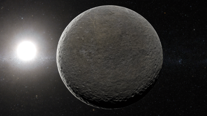 Illustration: der graue, dicht verkraterte Planet Merkur vor schwarzem Sternenhimmel, hart beleuchtet von der nahen Sonne