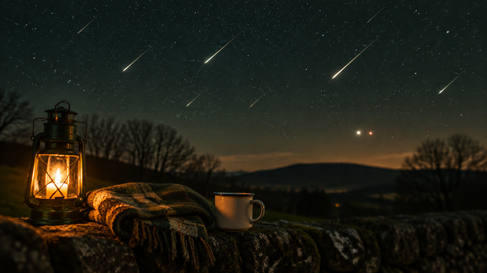 Leoniden-Sternschnuppen über dunklen Hügeln, tief im Osten Jupiter und Mars, im Vordergrund eine Laterne mit Kerze, Wolldecke und Becher auf einer Steinmauer
