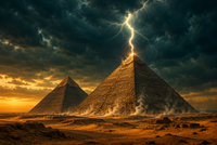 Die Cheops- und die Chephren-Pyramide auf dem Gizeh-Plateau im Abendlicht, ein Blitz schlägt in die Spitze der Großen Pyramide, am Fuß steigen Dampfschwaden auf