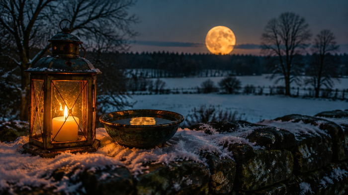 Großer Vollmond geht über verschneiter Winterlandschaft auf, vorn Laterne mit Kerze und Wasserschale – Wolfs-Supermond 22. Januar 2027