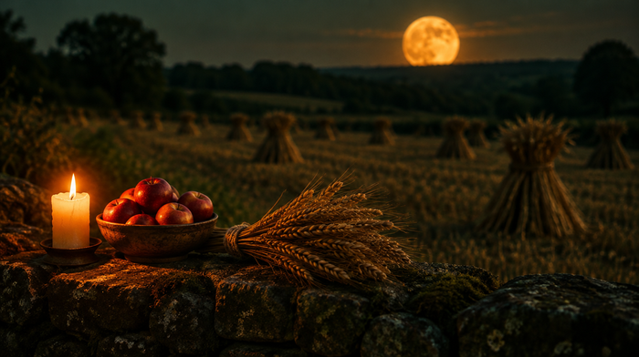 Großer bernsteinfarbener Vollmond über abgeerntetem Kornfeld mit Garben, vorn Kerze, Apfelschale und Ährenbündel auf Steinmauer – Erntemond 16. September 2027