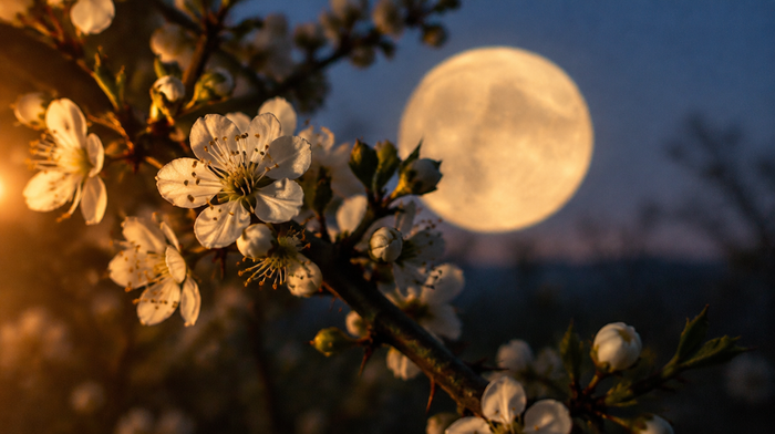 Großer Vollmond hinter einem blühenden Schlehenzweig im Frühlingsabend, Kerzenlicht von links – Ostervollmond 22. März 2027