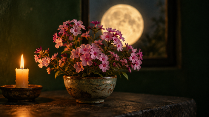 Großer Vollmond hinter rosa Phloxblüten in einer Steinschale, Kerzenlicht von links – Rosa Mond 21. April 2027