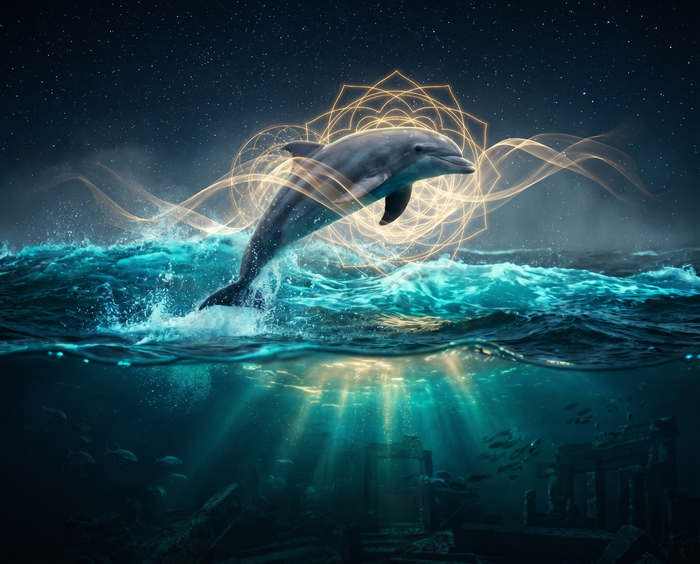 Krafttier Delphin – spiritueller Begleiter springt durch biolumineszentes Meer