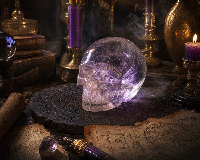 Kristallschädel Legende: Antiker Bergkristall-Schädel auf mystischem Altar mit Kerzen und Pergamenten