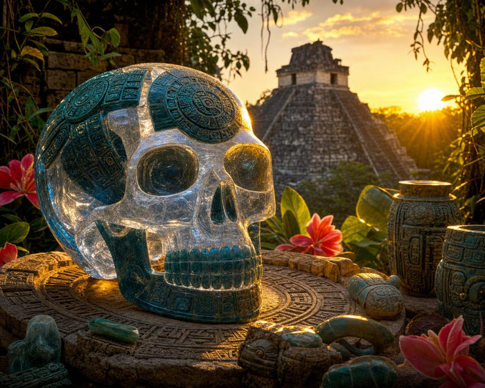 Kristallschädel Maya: Prächtiger Kristallschädel mit Maya-Glyphen vor dem Hintergrund einer Maya-Pyramide bei Sonnenuntergang
