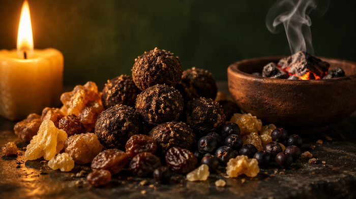 Dunkle, handgerollte Kyphi-Räucherkugeln mit Myrrhe, Weihrauch, Rosinen und Wacholderbeeren auf dunklem Stein, daneben glühende Kohle in einer Tonschale