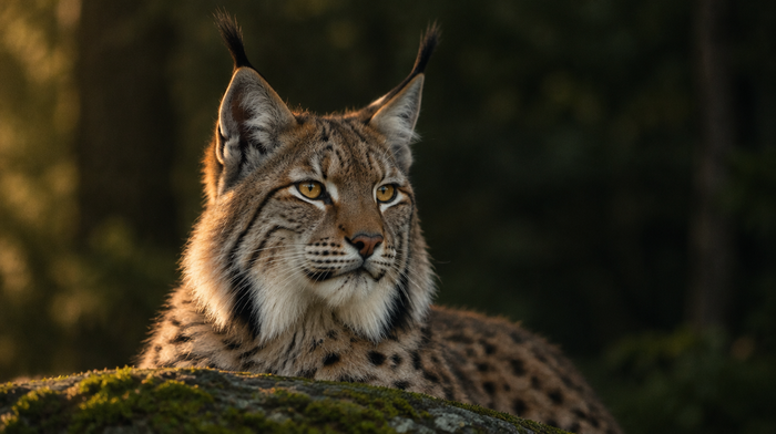 Eurasischer Luchs mit schwarzen Pinselohren und hellem Backenbart liegt auf einem bemoosten Felsen im dunklen Wald