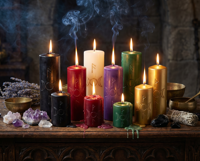 Magische Ritualkerzen – Bunte Kerzen mit Runen auf dunklem Altar