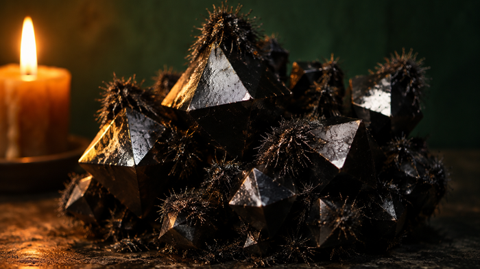 Schwarz glänzende Magnetit-Kristalle in Oktaederform, an deren Spitzen feine Eisenspäne haften, daneben eine brennende Kerze