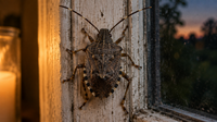 Marmorierte Baumwanze mit gebänderten Fühlern auf einem weißen Fensterrahmen in der Abenddämmerung