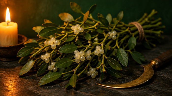Gebündelte Mistelzweige mit gabelig verzweigten Stängeln, ledrigen Blättern und weißen, durchscheinenden Beeren, daneben eine goldene Sichel und eine brennende Kerze