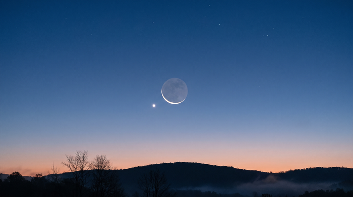 Schmale abnehmende Mondsichel mit Erdlicht und links darunter der helle Jupiter am Morgenhimmel über einem bewaldeten Hügel – KI-Illustration, kein Foto des Ereignisses