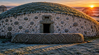 Runder Grabhügel mit weißer Quarzmauer, Spiralstein vor dem dunklen Eingang, Raureif im Gras und Sonnenaufgang im Winter