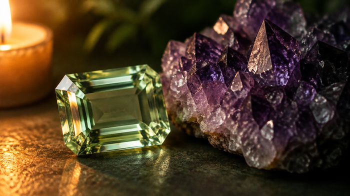 Ein facettierter, durchsichtiger, blass lauchgrüner Prasiolith im Smaragdschliff neben einer Druse aus violetten Amethystspitzen, links Kerzenlicht