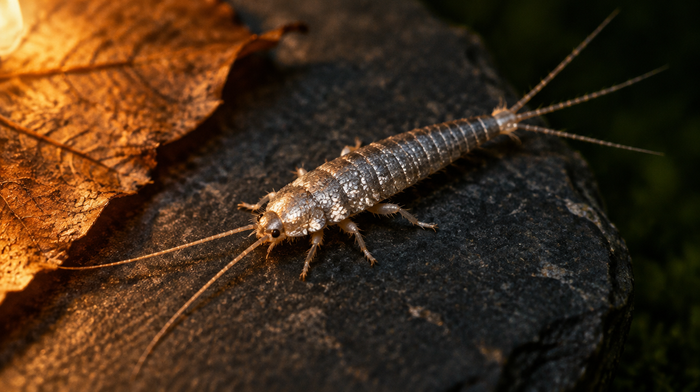 Silberfischchen in Nahaufnahme auf dunklem Schiefer neben einem Herbstblatt, mit silbrigen Schuppen, langen Fühlern und drei Schwanzborsten
