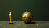 Messing-Himmelsglobus und Kerze auf dunklem Stein vor grüner Wand als Sinnbild für astrologische Deutungsarbeit