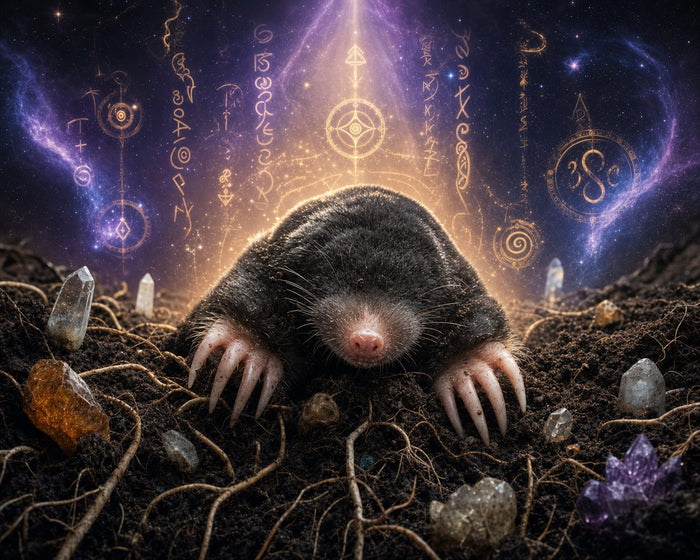 Toter Maulwurf spirituelle Bedeutung: Maulwurf im Erdreich umgeben von mystischen Runen, Kristallen und kosmischem Licht als Symbol für Transformation und innere Weisheit