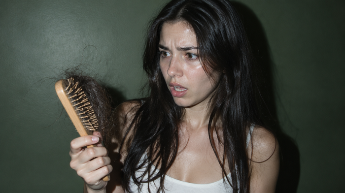 Junge Frau mit langen dunklen Haaren blickt erschrocken auf eine Holzbürste voller ausgefallener Haare, vor dunkelgrüner Wand