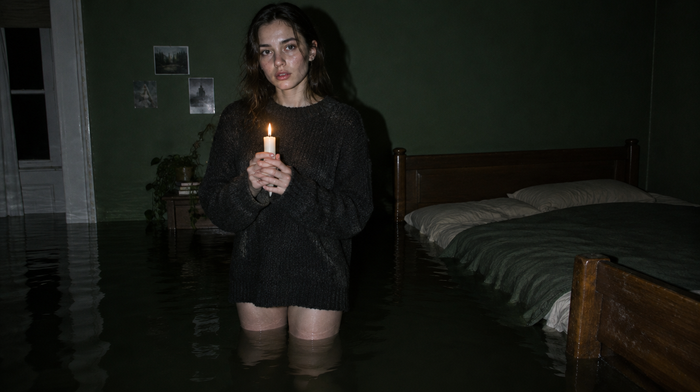 Junge Frau im dunklen Strickpullover steht knietief im Wasser eines überfluteten Schlafzimmers und hält eine brennende Kerze, daneben ein halb versunkenes Bett