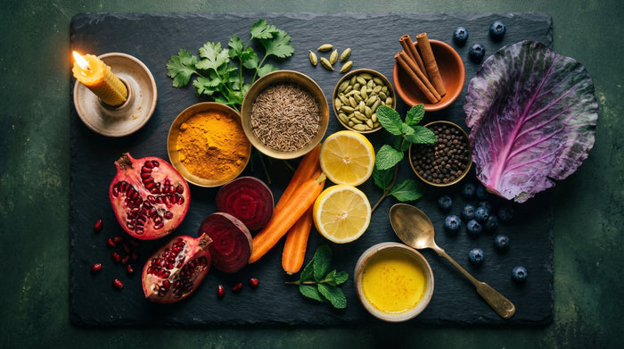 Gewürze, Granatapfel, Rote Bete, Karotten, Zitrone, Blaubeeren und Rotkohl im Farbverlauf auf Schiefer – Verjüngung aus Ayurveda-Sicht