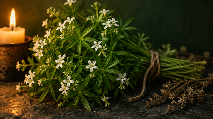 Frisch gebundener Waldmeister mit sternförmigen Blattquirlen und kleinen weißen Blüten, daneben getrocknete Zweige und eine Kerze auf dunklem Stein